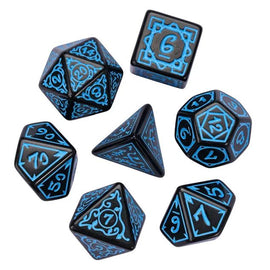 A colorful set of seven RPG dice from Foam Brain Games titled 'Cryptic Knots: Ocean'. The dice feature a black surface adorned with intricate blue engravings displaying numbers from 1 to 20, suitable for tabletop gaming.