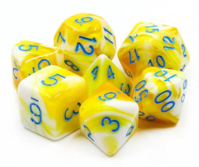 A vibrant Lemon Cream RPG Dice Set featuring polyhedral dice in shades of yellow and white, with bold blue numbers on each face, ideal for tabletop gaming.