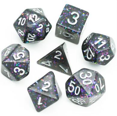 A complete Abyss RPG Dice Set featuring seven polyhedral dice in a shimmering black color with colorful glitter. The set includes a d4, d6, d8, d10, d12, and d20, designed for tabletop RPG gaming enthusiasts. Each die displays clear white numbers for easy readability, enhancing gameplay experience.
