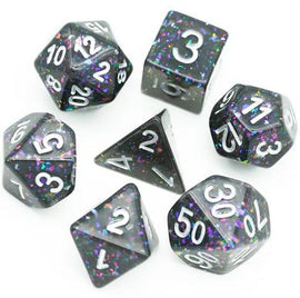 A complete Abyss RPG Dice Set featuring seven polyhedral dice in a shimmering black color with colorful glitter. The set includes a d4, d6, d8, d10, d12, and d20, designed for tabletop RPG gaming enthusiasts. Each die displays clear white numbers for easy readability, enhancing gameplay experience.