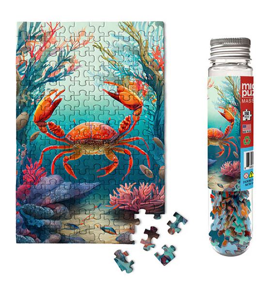 Marine Life Micro Puzzle featuring a vibrant crab design in an underwater scene with colorful corals and sea plants. Includes scattered puzzle pieces and a bottle for storage.