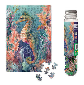 Seahorse - Marine Life Micro P jigsaw puzzle featuring a colorful underwater scene with a detailed illustration of a seahorse surrounded by corals. The puzzle pieces are displayed around the image along with a cylindrical container holding the pieces.