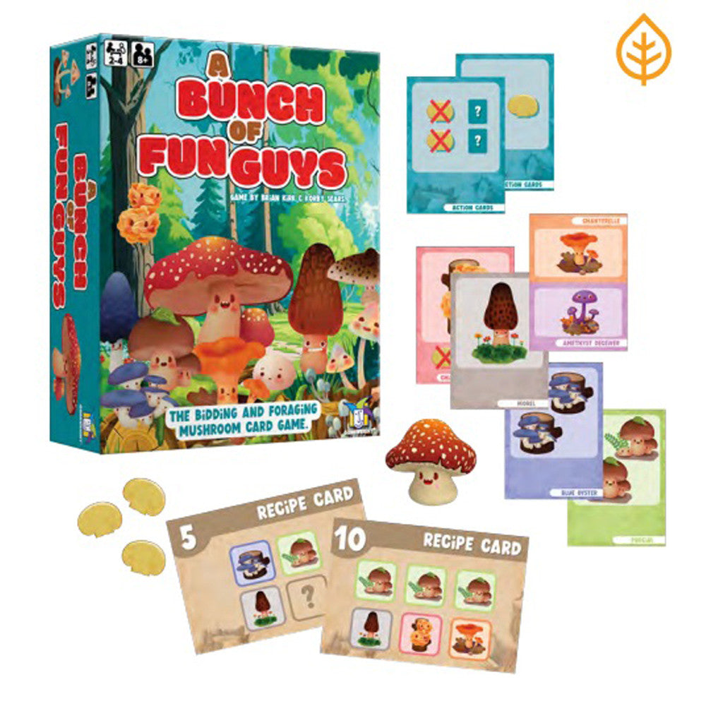 A Bunch of Fun Guys game by Gamewright, featuring a colorful box with illustrations of whimsical mushrooms and characters. The game includes action cards, recipe cards, and tokens. It is designed for 2 to 4 players aged 8 and up, promoting bidding and foraging in a fun, enchanting forest setting.