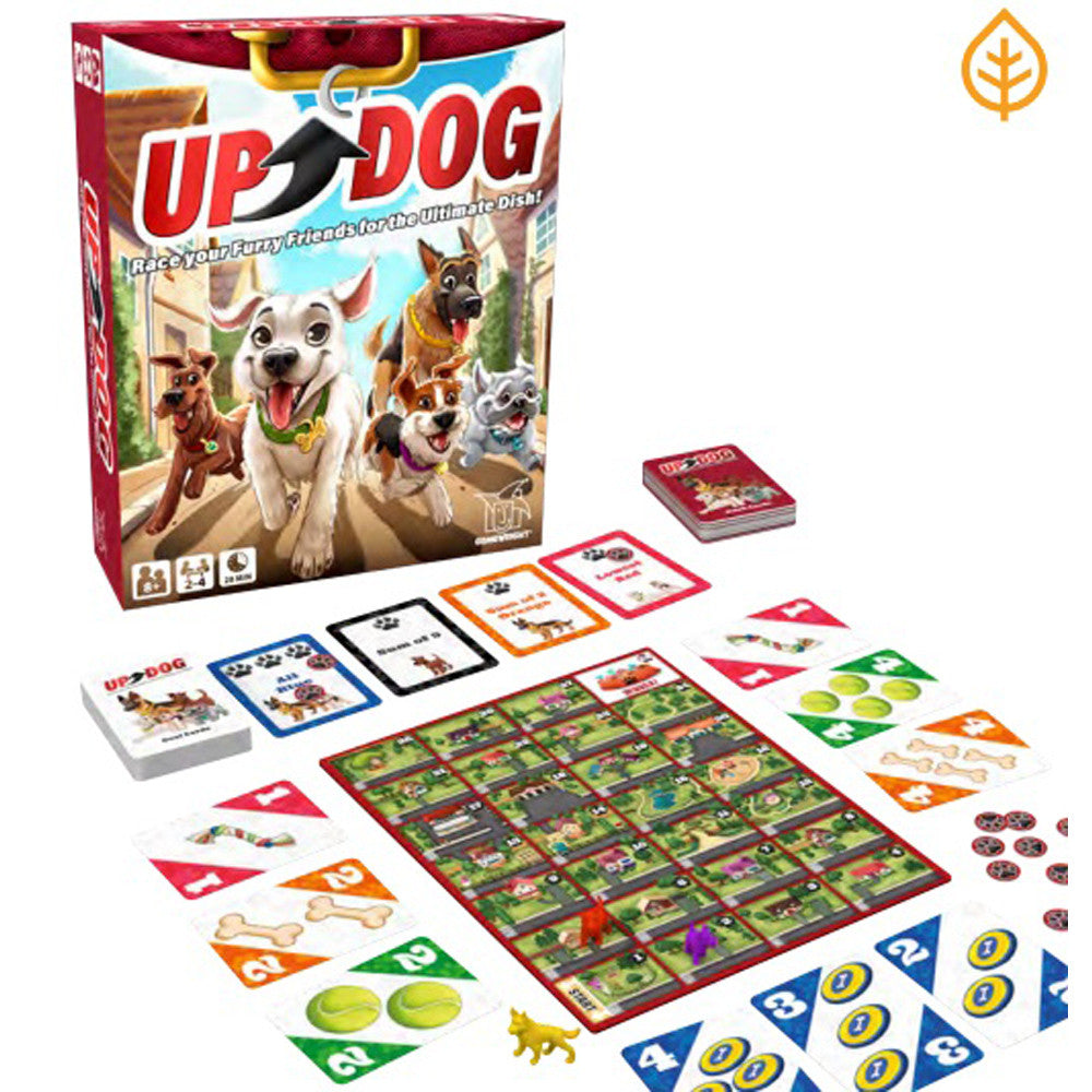 The Up Dog game by Gamewright, featuring vibrant artwork with four playful dogs racing to fetch a dish. The box displays colorful illustrations and includes a game board, cards, tokens, and game pieces depicting different dog breeds and playful elements, designed for a fun family game night.