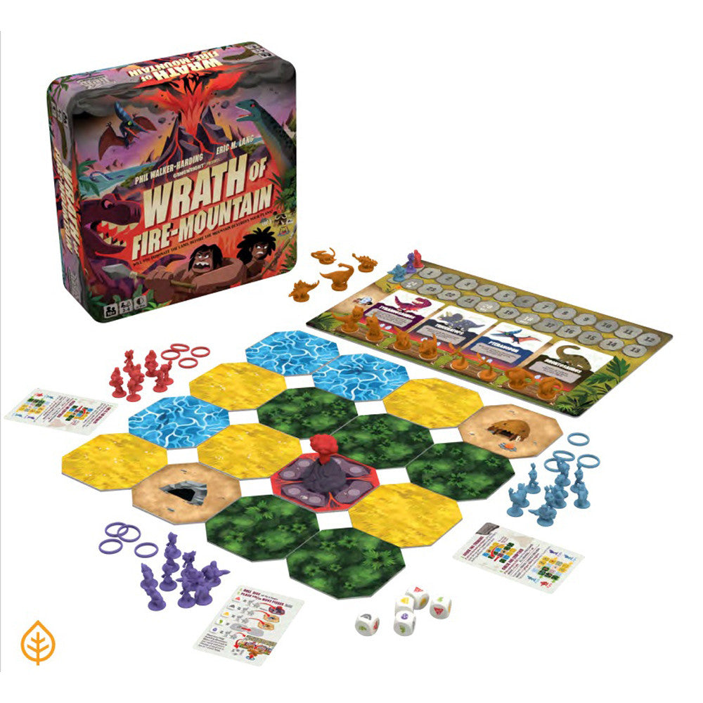 Wrath of Fire Mountain board game by Gamewright, featuring vibrant game pieces and a colorful hexagonal board. The game includes a volcano centerpiece, various animal tokens, player figures in red, blue, green, and purple, and a scoreboard. Instructions are visible on cards around the game setup, demonstrating strategic gameplay.