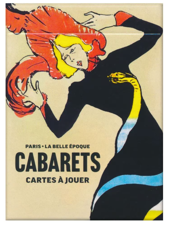 A single deck of Cabarets playing cards made by Piatnick. The card box features vibrant illustrations depicting a woman with flowing red hair and a colorful outfit reminiscent of Parisian cabaret aesthetics, highlighting the theme 'Paris - La Belle Époque'.