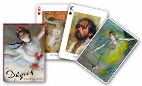 Single deck of Degas playing cards by Piatnick featuring beautifully depicted artworks, including dancers and portraits. The cards showcase famous Degas paintings, perfect for art lovers and game enthusiasts alike.