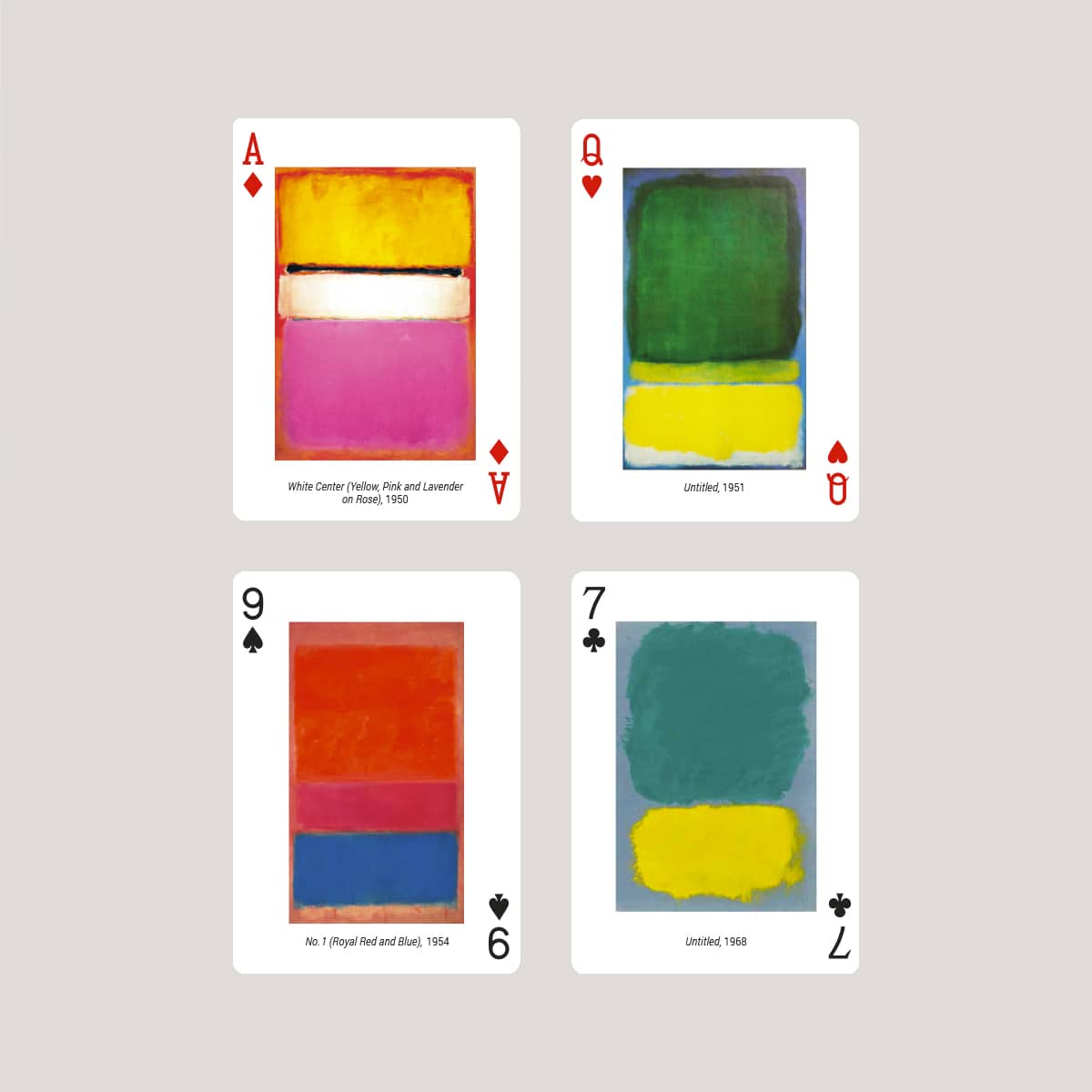 A collection of four artistic playing cards featuring contemporary artworks inspired by Rothko. The cards display vibrant colors and abstract designs. The Ace of Diamonds showcases a composition of yellow, pink, and lavender hues, while the Queen of Hearts features a bold green and yellow design. The number 9 of Spades presents a combination of royal red and blue with abstract shapes, and the number 7 of Clubs illustrates a mixture of teal and yellow colors.