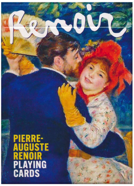 A vibrant playing cards deck featuring artwork by Pierre-Auguste Renoir. The front showcases a romantic scene with a couple, one wearing a bright orange hat, surrounded by lush greenery. The text 'Renoir' is prominently displayed at the top, and 'Playing Cards' is mentioned at the bottom. Perfect for art lovers and game enthusiasts alike.