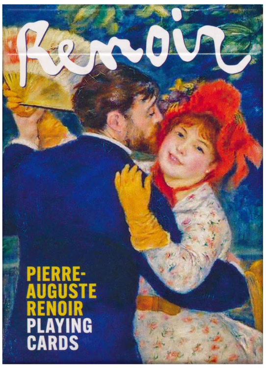 A vibrant playing cards deck featuring artwork by Pierre-Auguste Renoir. The front showcases a romantic scene with a couple, one wearing a bright orange hat, surrounded by lush greenery. The text 'Renoir' is prominently displayed at the top, and 'Playing Cards' is mentioned at the bottom. Perfect for art lovers and game enthusiasts alike.