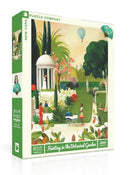 A 1000-piece jigsaw puzzle titled 'Fainting in the Botanical Garden' by New York Puzzle Company. The puzzle box features a colorful illustration of a lush botanical garden, complete with a gazebo, blooming flowers, trees, and people enjoying the scenery. A whimsical hot air balloon can be seen in the sky, adding charm to the serene outdoor scene.