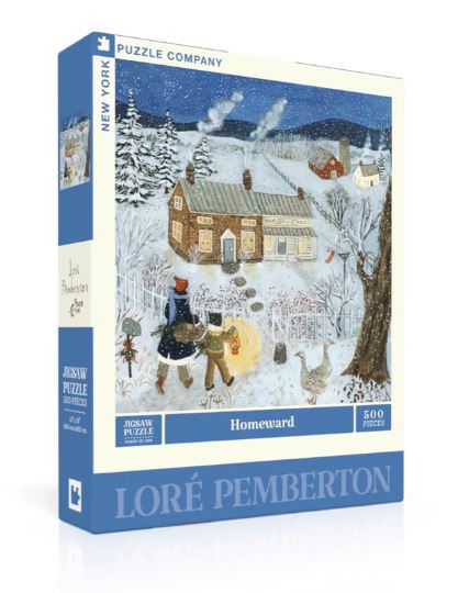 Homeward jigsaw puzzle by New York Puzzle Company, featuring a winter scene with a cozy cottage, snow-covered landscape, and characters walking home with a dog amidst winter flora. Contains 500 pieces for hours of engaging puzzle fun.