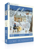 Homeward jigsaw puzzle by New York Puzzle Company, featuring a winter scene with a cozy cottage, snow-covered landscape, and characters walking home with a dog amidst winter flora. Contains 500 pieces for hours of engaging puzzle fun.