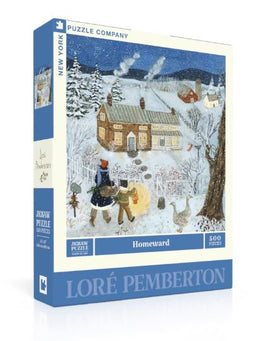 Homeward jigsaw puzzle by New York Puzzle Company, featuring a winter scene with a cozy cottage, snow-covered landscape, and characters walking home with a dog amidst winter flora. Contains 500 pieces for hours of engaging puzzle fun.