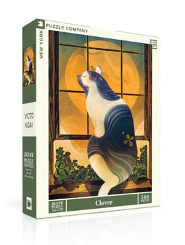 Clover jigsaw puzzle by New York Puzzle Company featuring a beautifully illustrated cat sitting by a window, surrounded by plants. The puzzle includes 500 pieces and showcases the artwork of Victo Ngai.