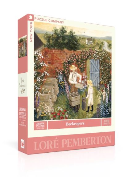 Beekeepers jigsaw puzzle by New York Puzzle Company featuring a serene countryside scene. Two beekeepers are depicted near beehives, surrounded by colorful flowers and lush greenery, capturing the essence of nature and tranquility. The packaging showcases vibrant artwork by Loré Pemberton, ideal for both puzzle enthusiasts and nature lovers.