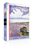 The Steady Breeze jigsaw puzzle by the New York Puzzle Company features an illustration from The New Yorker, depicting a serene coastal scene with boats, trees, and clouds. This 500-piece puzzle captures the essence of a peaceful harbor.