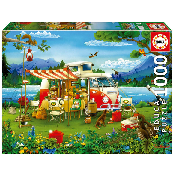 Educa jigsaw puzzle titled 'Camping Holiday', featuring a vibrant camping scene with a vintage camper van, picnic table filled with food, colorful flowers, and playful animals by a serene lake surrounded by mountains.