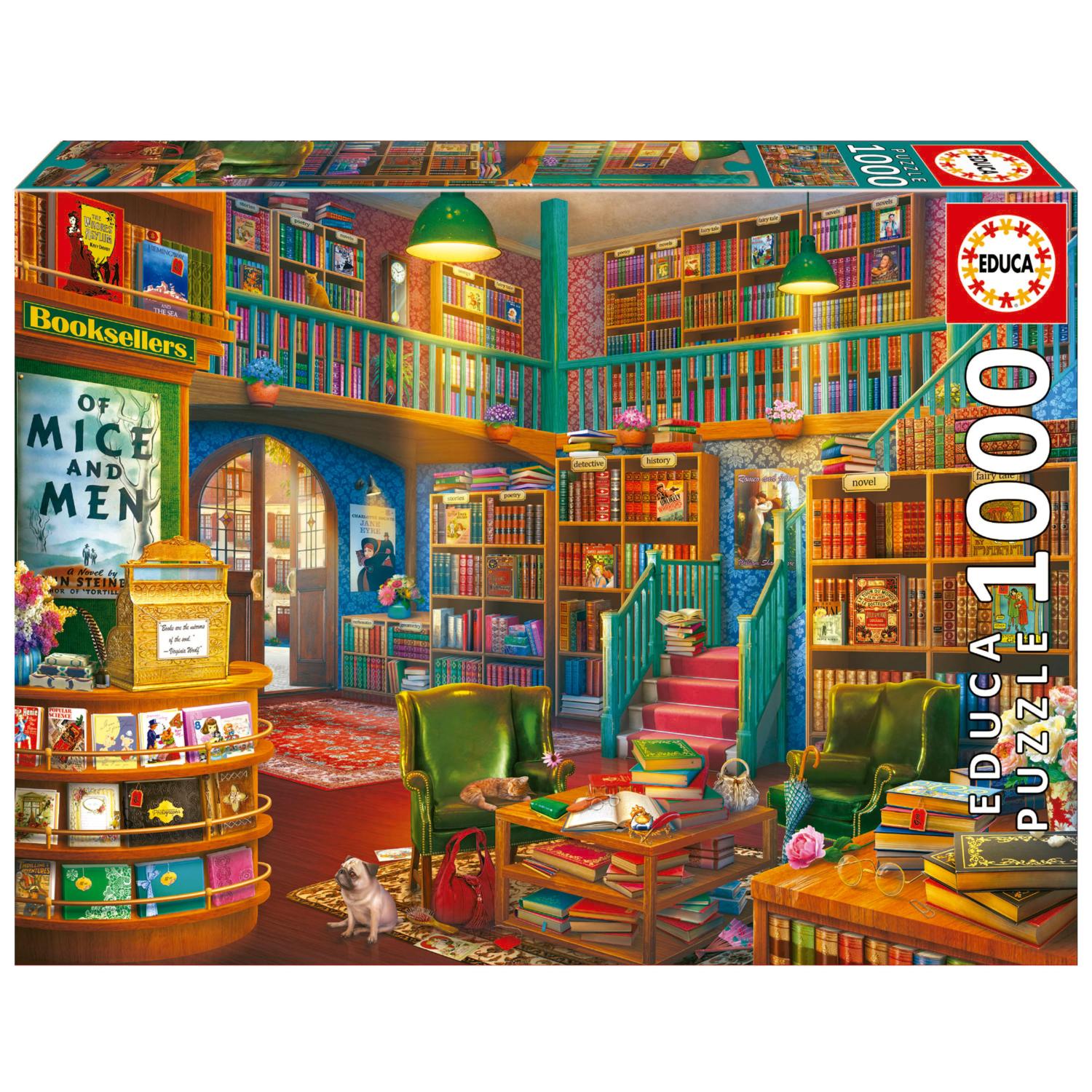 Wonderful Bookshop Jigsaw Puzzle by Educa featuring a vibrant illustration of a cozy bookstore interior filled with bookshelves, comfortable seating, and a playful cat. The puzzle showcases intricate details such as books, a cash register, and decorative flowers, making it a charming addition for puzzle enthusiasts.