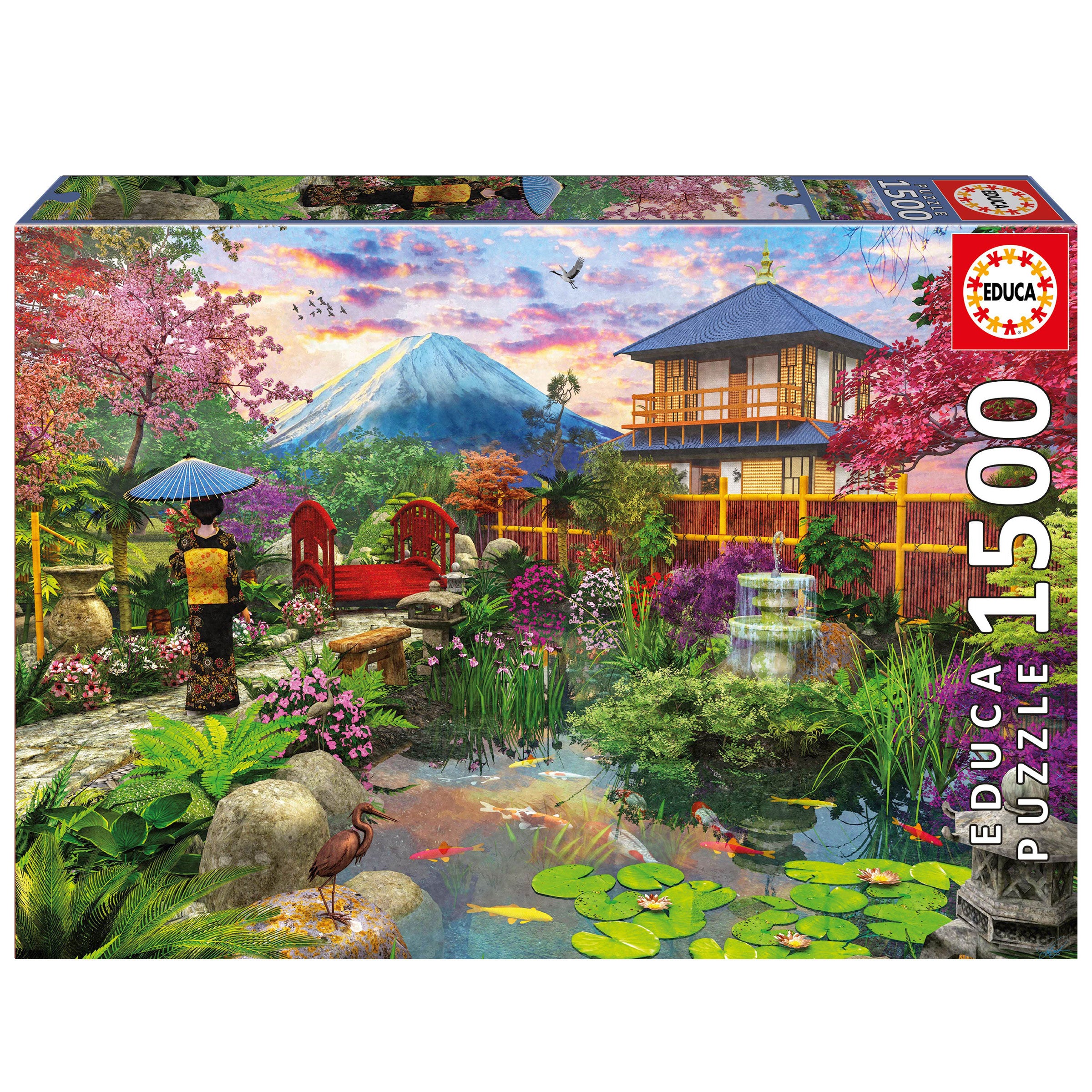 Educa 1500-piece jigsaw puzzle featuring a serene Japanese garden scene. The artwork showcases vibrant cherry blossoms, a tranquil pond with koi fish, lush greenery, a traditional teahouse, and Mount Fuji in the background under a colorful sky. A figure in a kimono holds an umbrella, adding an elegant touch to the picturesque landscape.