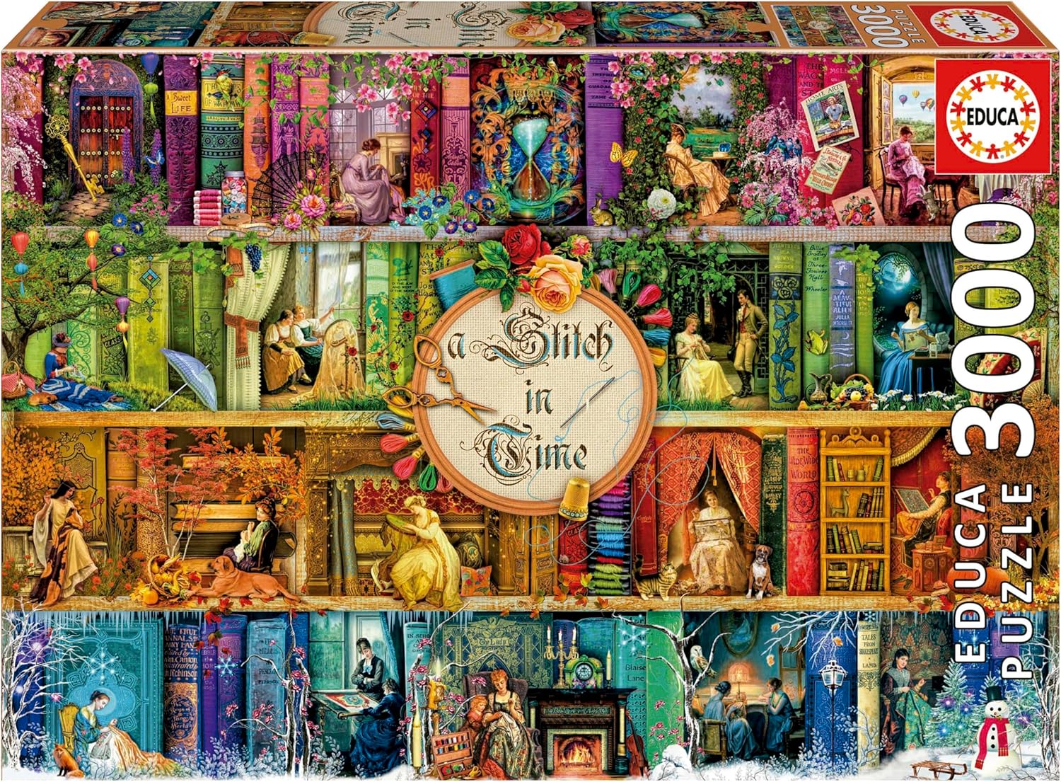 A Stitch in Time jigsaw puzzle by Educa features a vibrant collage of illustrated scenes depicting women in various historical settings, surrounded by colorful books and flowers. The puzzle consists of 3000 pieces, ideal for puzzlers seeking a challenging and decorative experience.