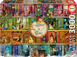 A Stitch in Time jigsaw puzzle by Educa features a vibrant collage of illustrated scenes depicting women in various historical settings, surrounded by colorful books and flowers. The puzzle consists of 3000 pieces, ideal for puzzlers seeking a challenging and decorative experience.