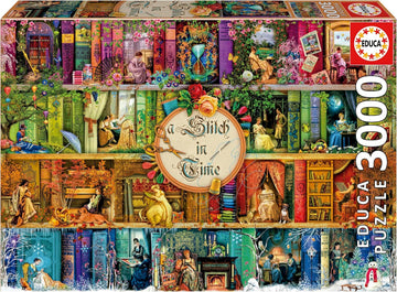 A Stitch in Time jigsaw puzzle by Educa features a vibrant collage of illustrated scenes depicting women in various historical settings, surrounded by colorful books and flowers. The puzzle consists of 3000 pieces, ideal for puzzlers seeking a challenging and decorative experience.