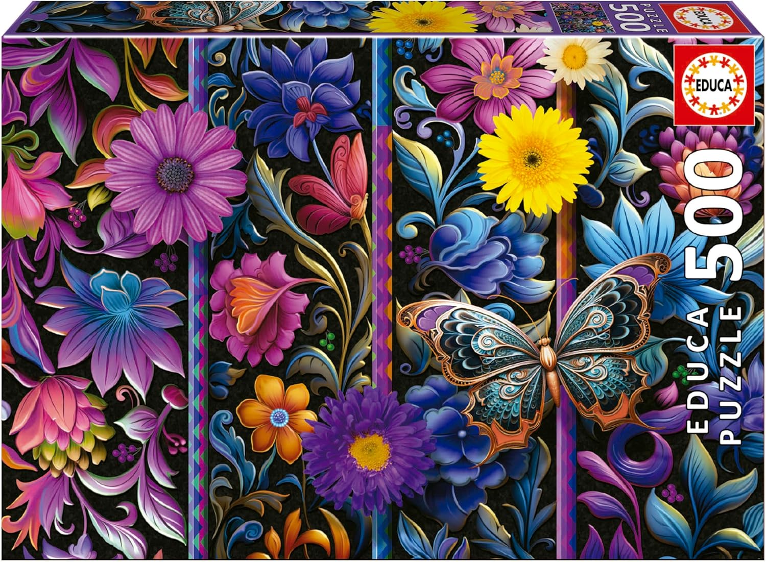 The Badda Bloom jigsaw puzzle by Educa features a vibrant floral design with colorful flowers and a beautifully detailed butterfly. This 500-piece puzzle promises hours of engaging fun, perfect for puzzle enthusiasts and nature lovers alike. The eye-catching artwork showcases a rich blend of colors against a dark background, making it a delightful challenge for assembly and a stunning display once completed.