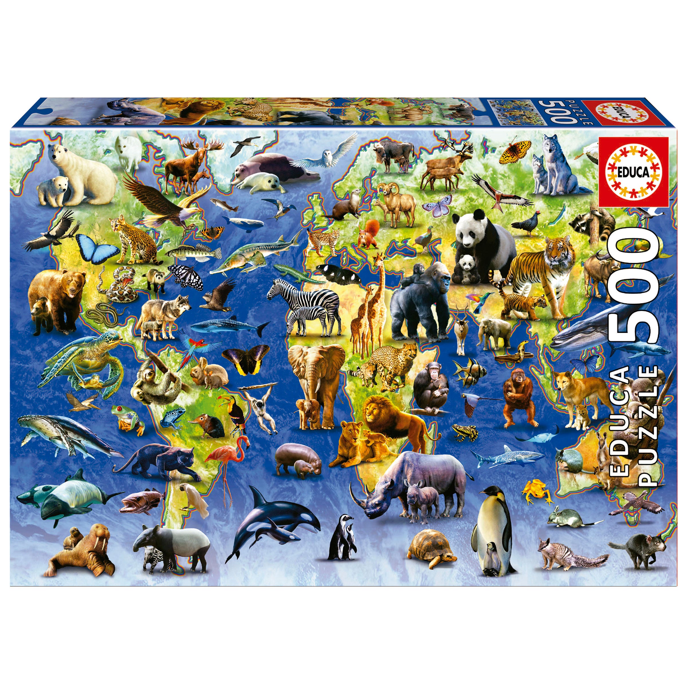 The 100 Endangered Species Map jigsaw puzzle by Educa features a vibrant illustration filled with endangered animals from around the world, showcasing their habitats. The puzzle contains 500 pieces, providing an engaging way to learn about wildlife conservation and the importance of protecting these species.