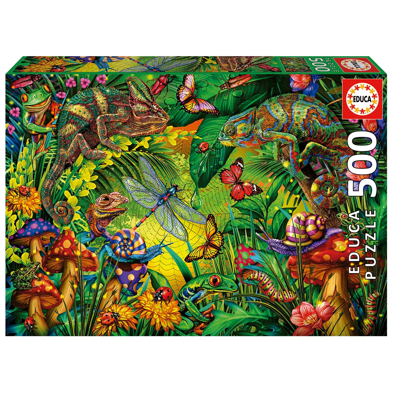 Colorful Forest jigsaw puzzle by Educa featuring a vibrant scene filled with chameleons, butterflies, frogs, dragonflies, and various colorful mushrooms and flowers. The puzzle is designed with 500 pieces and depicts a lush, green tropical environment bursting with life and color, perfect for nature enthusiasts and puzzle lovers alike.