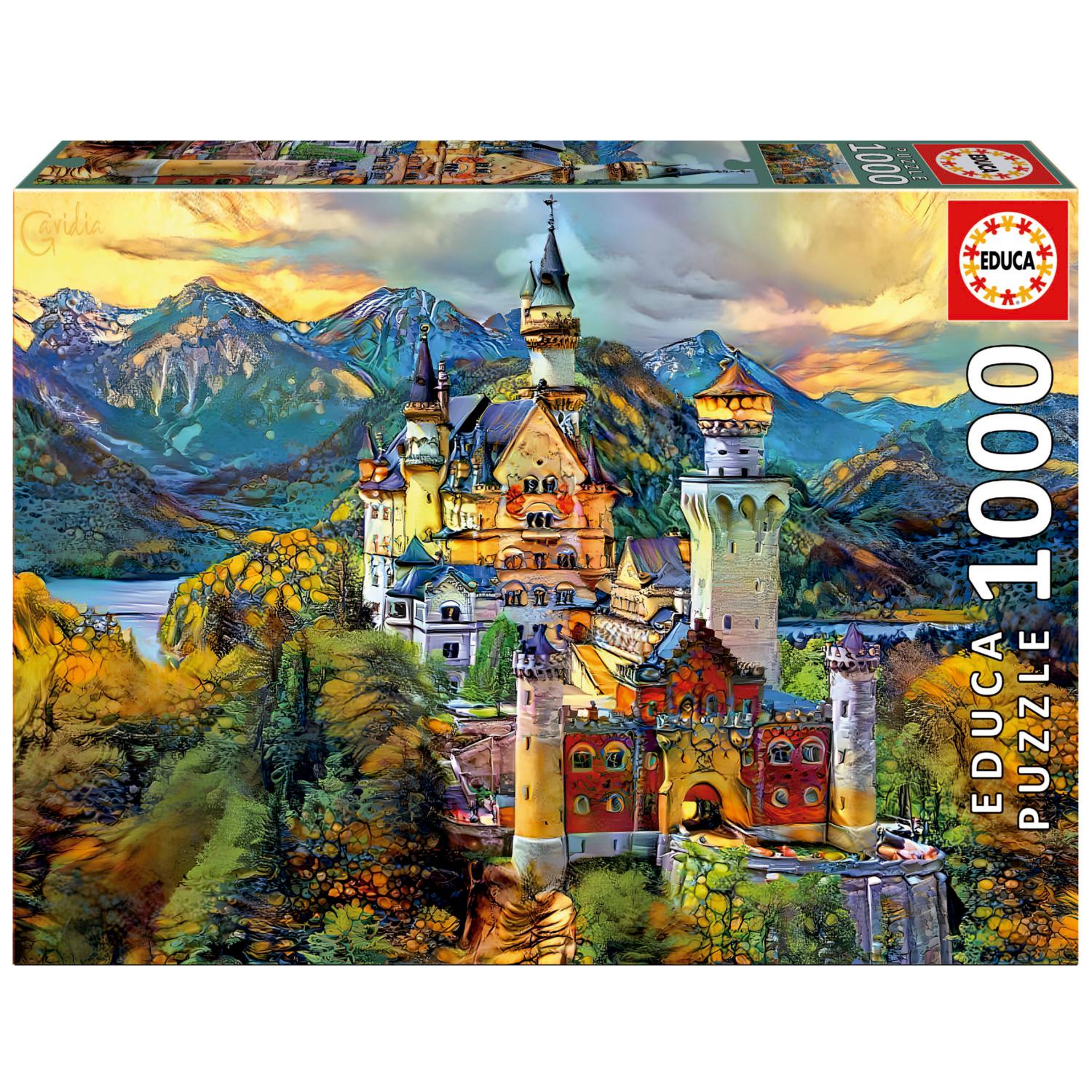 Educa jigsaw puzzle featuring the beautiful Neuschwanstein Castle, intricately illustrated with vibrant colors surrounded by lush mountains and serene lakes. This 1000-piece puzzle offers a challenging and rewarding experience for puzzle enthusiasts and castle lovers alike.