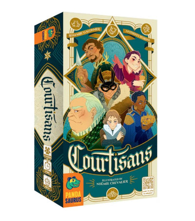 Courtisans game box by PANDASAURUS GAMES featuring colorful artwork with various characters, including a masked figure, noble individuals, and a royal setting. The design is intricate, highlighting the title 'Courtisans' prominently on the front. Ideal for board game enthusiasts looking for a captivating strategic experience.