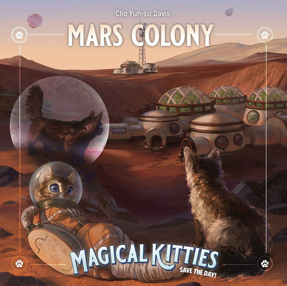 A colorful game cover titled 'Magical Kitties: Mars Colony E' by Atlas Games. The illustration features space cats exploring a Martian landscape with futuristic habitats and technology, highlighting adventure and fun.