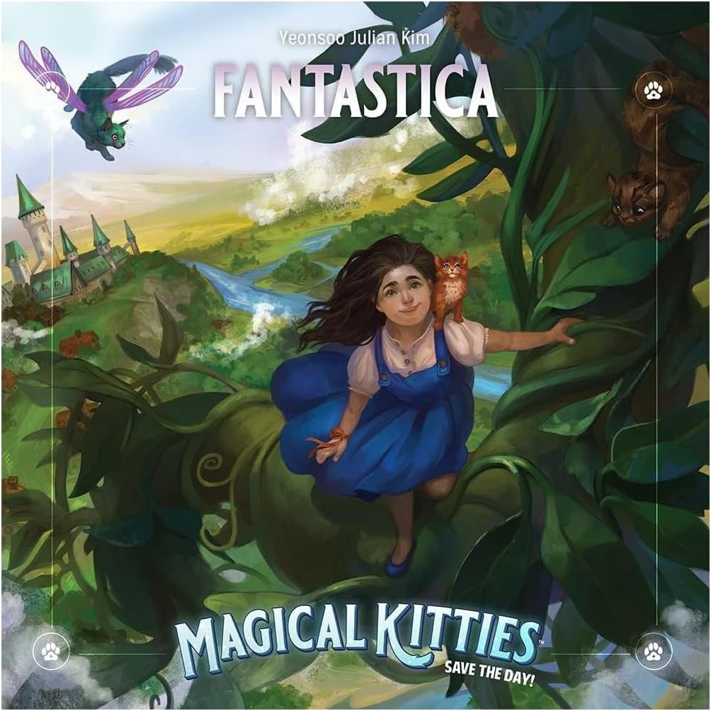 The cover art for 'Magical Kitties: Fantastica Ex' by Atlas Games, featuring a young girl in a blue dress joyfully reaching out while standing on a green vine. She holds a small furry creature, and a dragonfly-like creature flits above her. In the background, a whimsical landscape includes castles, flowing rivers, and lush greenery, creating a fantastical atmosphere.