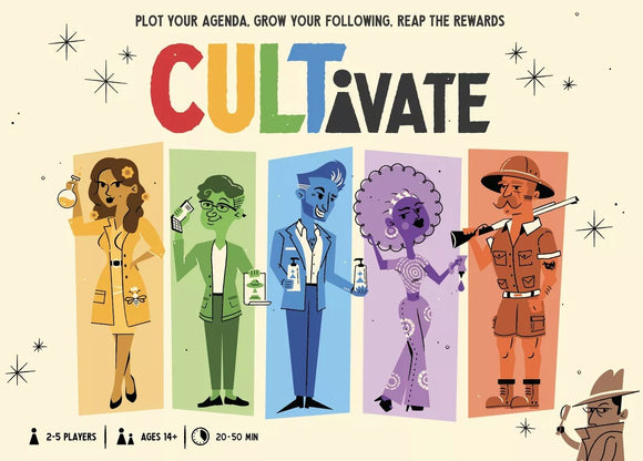 The game CULTivate by Atlas Games features colorful illustrations of diverse characters in various professions, showcasing elements of science and exploration. The title 'CULTivate' is prominently displayed at the top, with playful graphics. The game is designed for 2-5 players, ages 14 and up, with gameplay lasting between 20-50 minutes. A unique blend of strategy and social interaction is emphasized.