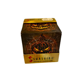 The Shashibo: JACK 0 LANTERN is a mechanical puzzle cube featuring a Halloween-themed design with a menacing pumpkin face. The cube is primarily dark with orange and gold accents, showcasing intricate details. It is packaged in a limited edition box highlighting its unique features and priced at $24.99.
