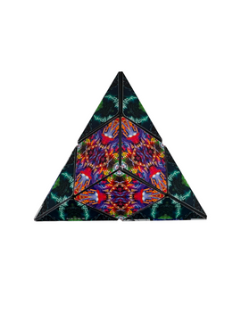 Shashibo: DRYER PORTAL by Geobenders, showcasing a vibrant mechanical puzzle with intricate colorful patterns and geometric design. The puzzle features triangular sections that can be manipulated into various shapes, providing an engaging challenge for puzzlers and fidget toy enthusiasts alike.