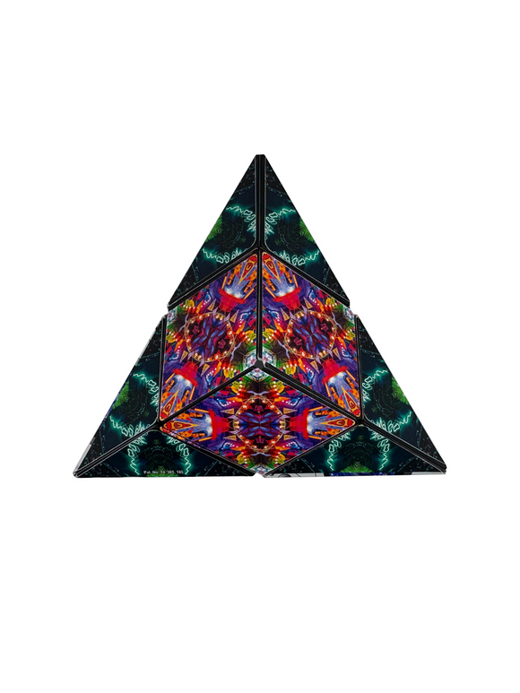 Shashibo: DRYER PORTAL by Geobenders, showcasing a vibrant mechanical puzzle with intricate colorful patterns and geometric design. The puzzle features triangular sections that can be manipulated into various shapes, providing an engaging challenge for puzzlers and fidget toy enthusiasts alike.