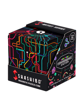 Shashibo: Q DOT MAP mechanical puzzle cube with a vibrant multi-colored design on a black background, featuring an intricate circuit-like pattern that excites the imagination. This product is part of the Artist Series and allows users to create over 70 different shapes, providing endless fun and challenge for puzzle enthusiasts.