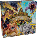 Spirit Island: Jagged Earth game box featuring vibrant artwork depicting various spirits and a landscape filled with volcanic and rocky elements. The title is prominently displayed, surrounded by illustrations of mystical creatures and a dramatic background representing the game's themes of cooperation and strategy.