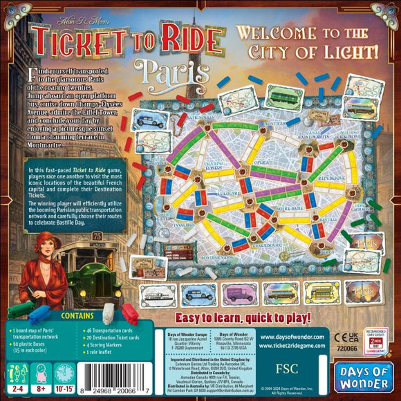 The back cover of the board game Ticket to Ride Paris by Days of Wonder, showcasing the game board featuring a colorful map of Paris with various transportation routes. The design includes illustrations of iconic Paris landmarks, transportation cards, and game components such as buses and scoring markers. A character in vintage attire stands on the left, inviting players to explore the glamorous city of light.
