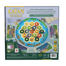 Catan: New Energies board game, featuring a vibrant hexagonal play area with resource tiles, wooden pieces, and an overview of game components and rules on the back of the box. Ideal for strategy enthusiasts, promoting environmental themes and decision-making skills.