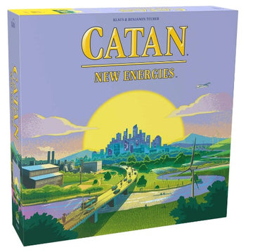 Catan: New Energies game box featuring colorful artwork. The cover displays a vibrant sunset over a cityscape, with wind turbines and winding rivers. The title 'Catan: New Energies' is prominently featured above the image, indicating a strategic board game for players looking to expand their Catan experience.