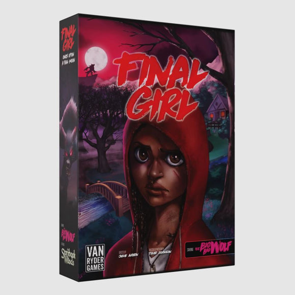 The box art for the board game 'Final Girl: Once Upon a Full Moon' by Van Ryder Games. The cover features a menacing landscape with a dark forest, a bridge, and a full moon casting an eerie glow. A young woman in a red hooded cloak stares defiantly at the viewer, hinting at her role as the 'Final Girl' in this horror-themed game.