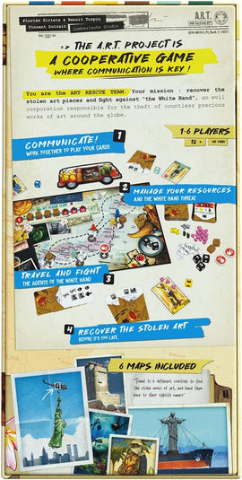 The A.R.T. Project game box features vibrant artwork and text highlighting its cooperative gameplay. Players assume the role of an ART RESCUE TEAM, aiming to recover stolen artwork from the White Hand corporation. The game includes visuals like maps and game components, emphasizing teamwork, strategic planning, and adventure across various global locations. Suitable for 1-6 players aged 12 and up, with an average playtime of 40 minutes.