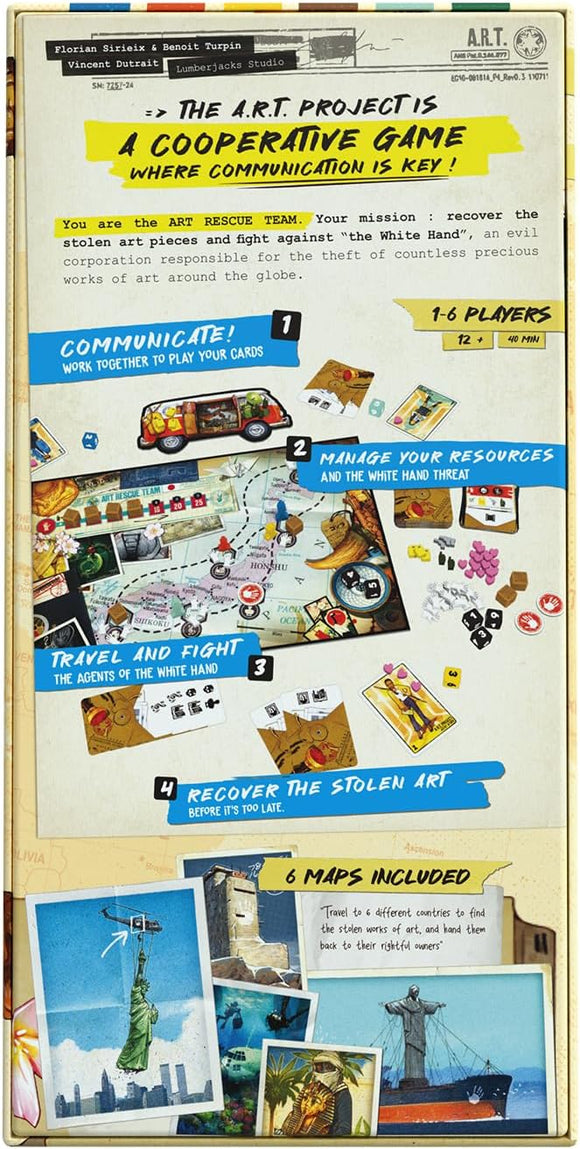 The A.R.T. Project game box features vibrant artwork and text highlighting its cooperative gameplay. Players assume the role of an ART RESCUE TEAM, aiming to recover stolen artwork from the White Hand corporation. The game includes visuals like maps and game components, emphasizing teamwork, strategic planning, and adventure across various global locations. Suitable for 1-6 players aged 12 and up, with an average playtime of 40 minutes.