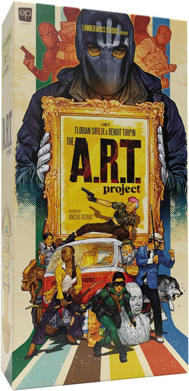 The A.R.T. Project game box features an illustrated scene with various characters including a masked individual holding a picture frame, a woman in a yellow jacket, a figure in green attire positioned with a bow, and several others in dynamic poses. The colorful background showcases a vintage car and artistic elements, emphasizing the game's artistic theme.