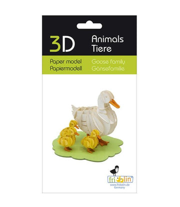 3D Paper model kit featuring a family of geese, including a mother goose and three yellow goslings. The model is designed to be assembled from paper and displayed on a green base.