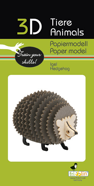 A 3D Paper Model DIY kit of a hedgehog by fridolin. The kit features layered, textured pieces that assemble into a cute, standing hedgehog figure. The design showcases a mix of dark and light brown colors and intricate detailing, making it a fun and tactile craft project for all ages.