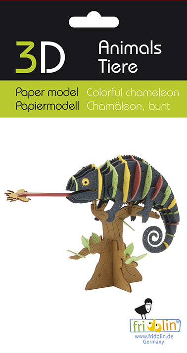 A colorful 3D paper model of a chameleon perched on a branch, showcasing vibrant stripes in green, yellow, and black. The chameleon has a long tongue extending towards a small insect, adding a playful detail to the scene. Perfect for DIY enthusiasts, this model combines creativity and fun.